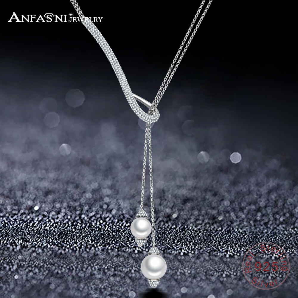 New Design 925 Sterling Siver AAA+ Cubic Zircon Geometrical Two Pearl Necklaces For Women Fine jewelry CGSNL0012-B