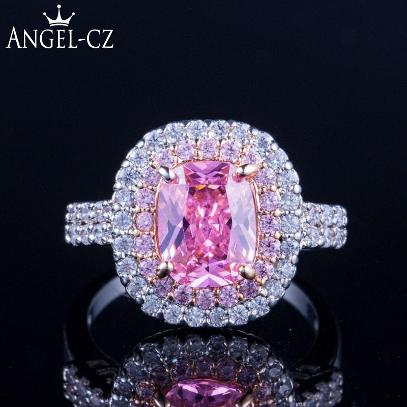 ANGELCZ Classic Engagement Wedding Ring Micro CZ Pave Big Square Pink Zircon Crystal Silver Rose Gold Color Bridal Jewelry AR045