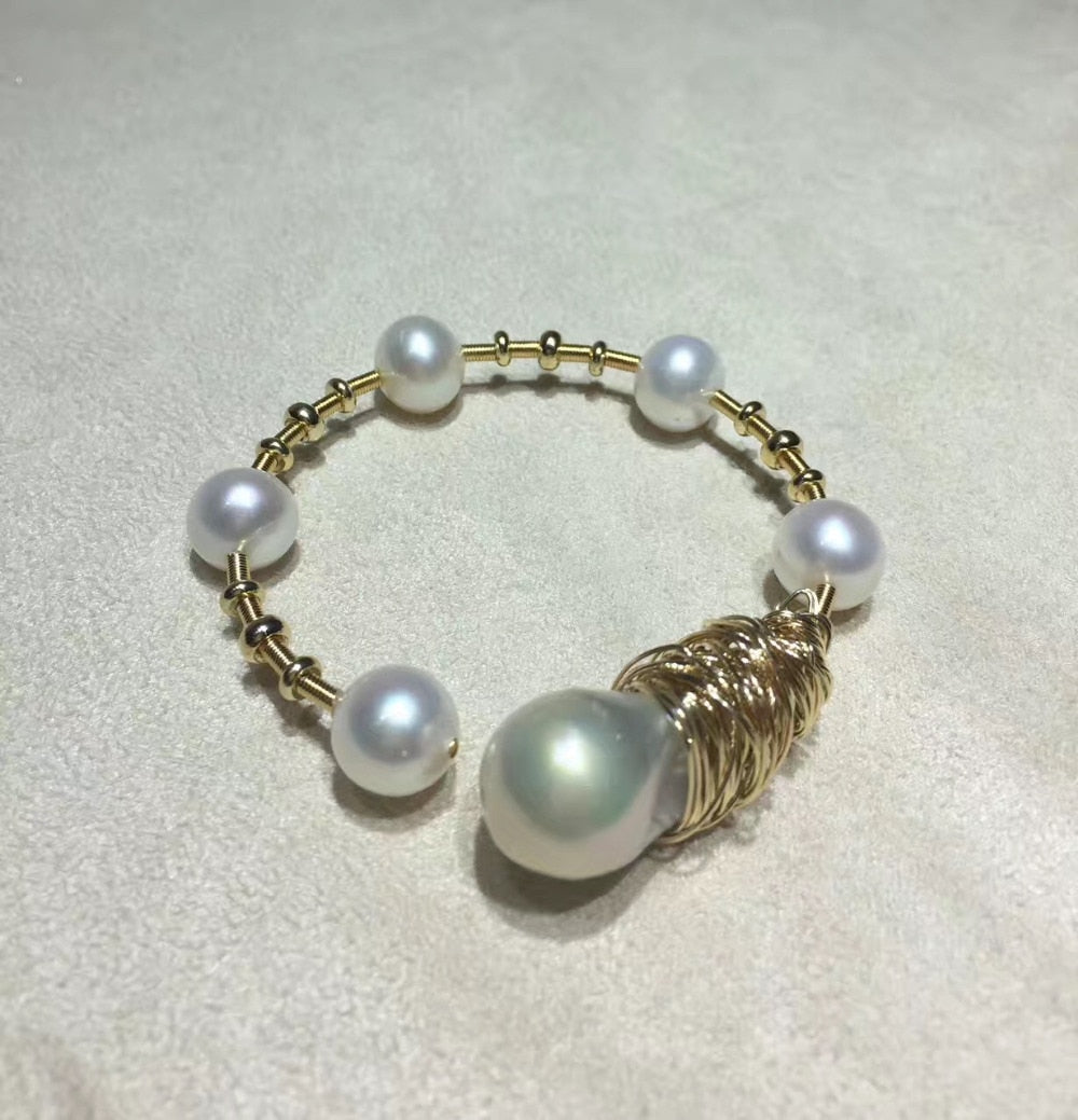 ANI 14K Roll Yellow Gold Pearl Bracelet Natural Baroque Shaped Pearl Jewelry Fashion White Pearl Bracelet for Women