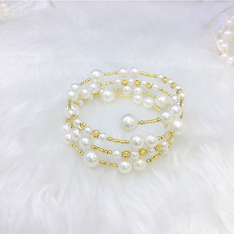 ANI 14K Roll Yellow Gold Pearl Bracelet Round Shaped Pearl Jewelry Fashion Bead White Pearl Bracelet for Women Gift
