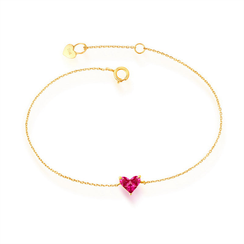 ANI 14K Yellow Gold Women Bracelet Heart Shape Red Corundum Fine Gemstone Jewelry for Women Romantic Engagement Bracelet Gift
