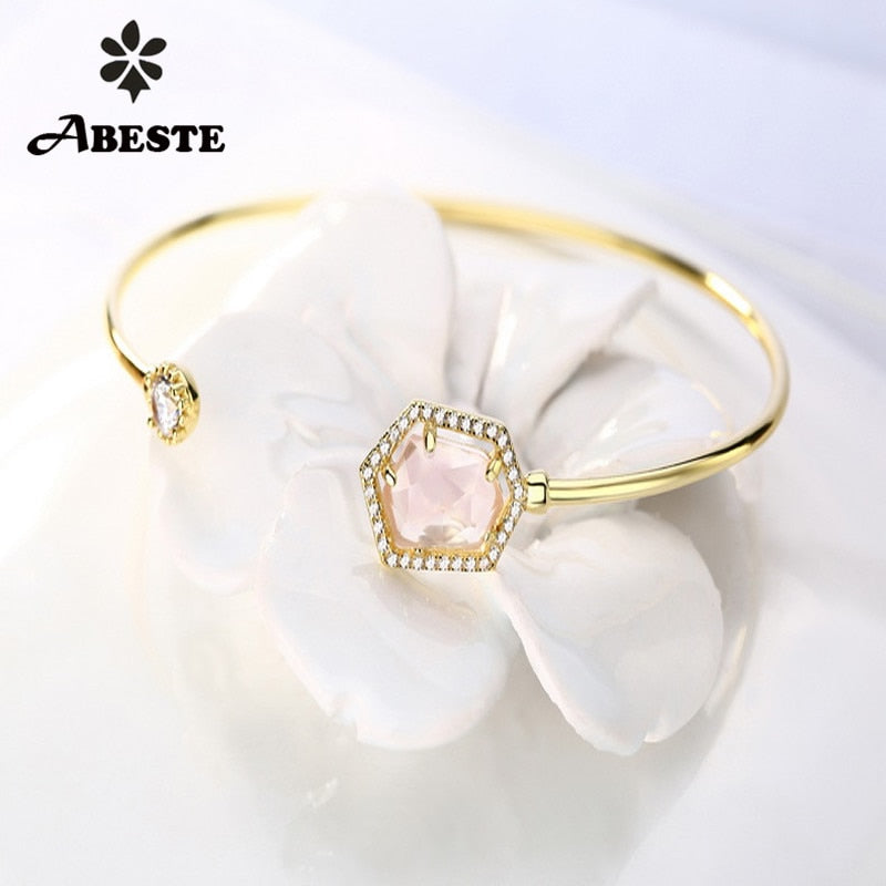 ANI 14K Yellow/White Gold Women Color Gemstone Bangle Natural Rose Quartz/Sky Blue Topaz Female Engagement Bracelet Fine Jewelry