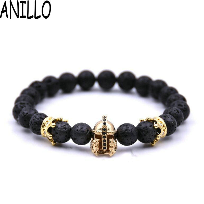 Men Roman Warrior Gladiator Helmet Bracelet Micro Pave Gold Silver Natural Beads Strand Bracelet Women CROWN Jewelry