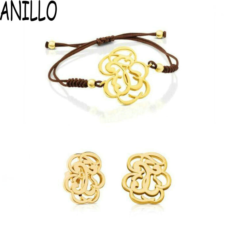 Women Hollow Out Earrings/Bracelet Stainless Steel Plant Woven Bangles Charm Weaving Rope Chain Adjustable Jewelry Set