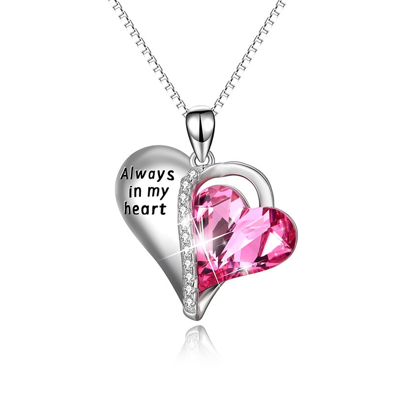 925 Sterling Silver Luxury Pink Crystal Love Heart Pendant Necklace For Women Always In My Heart Fine Jewelry