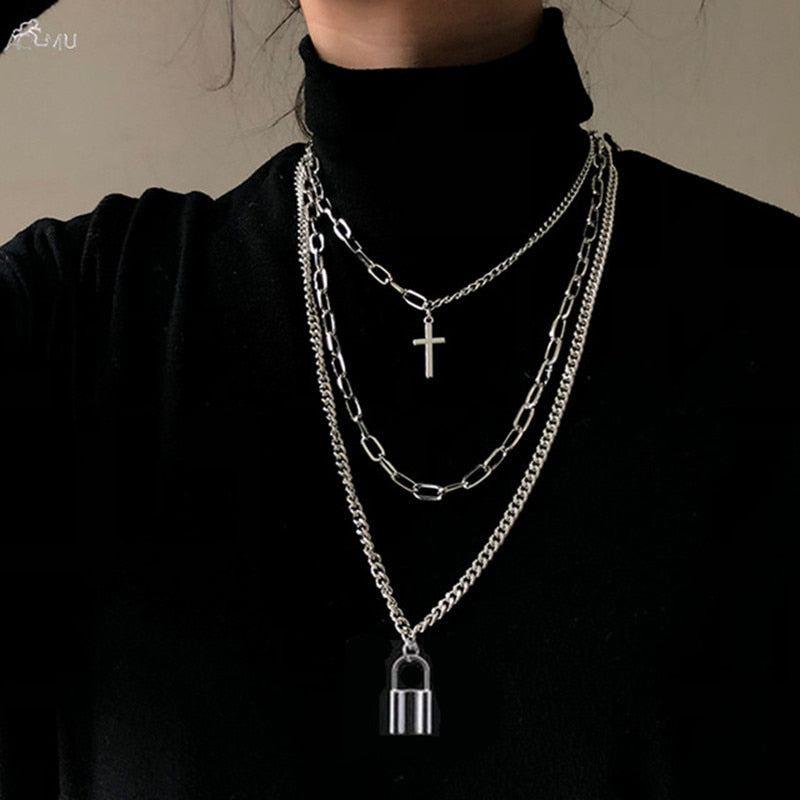 AOMU 2021 Multilayer Hip Hop Long Chain Necklace For Women Men Jewelry Gifts Key Cross Pendant Necklace Accessories