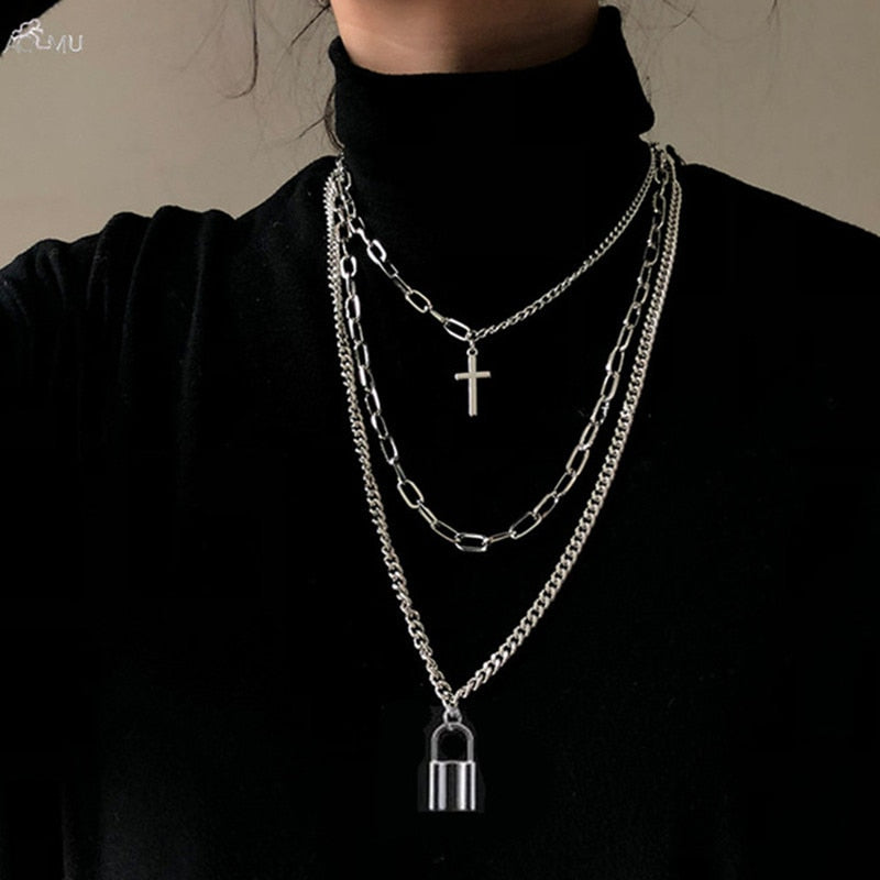 AOMU 2021 Multilayer Hip Hop Long Chain Necklace For Women Men Jewelry Gifts Key Cross Pendant Necklace Accessories