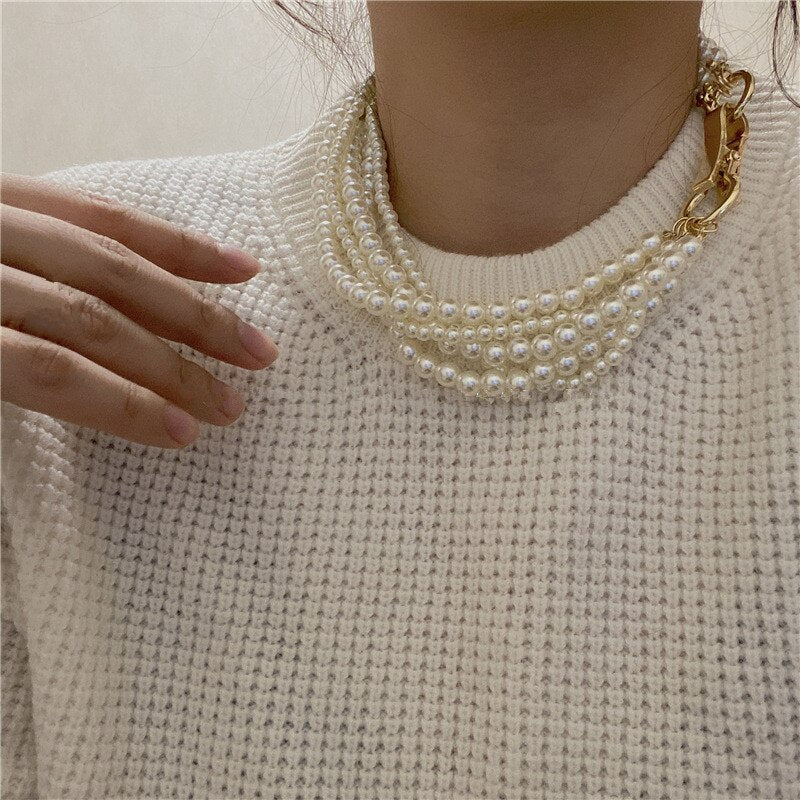 AOMU 2021 Design Vintage Geometric Multilayer Imitation Pearl Necklace For Women Girls Party Jewelry Accessories