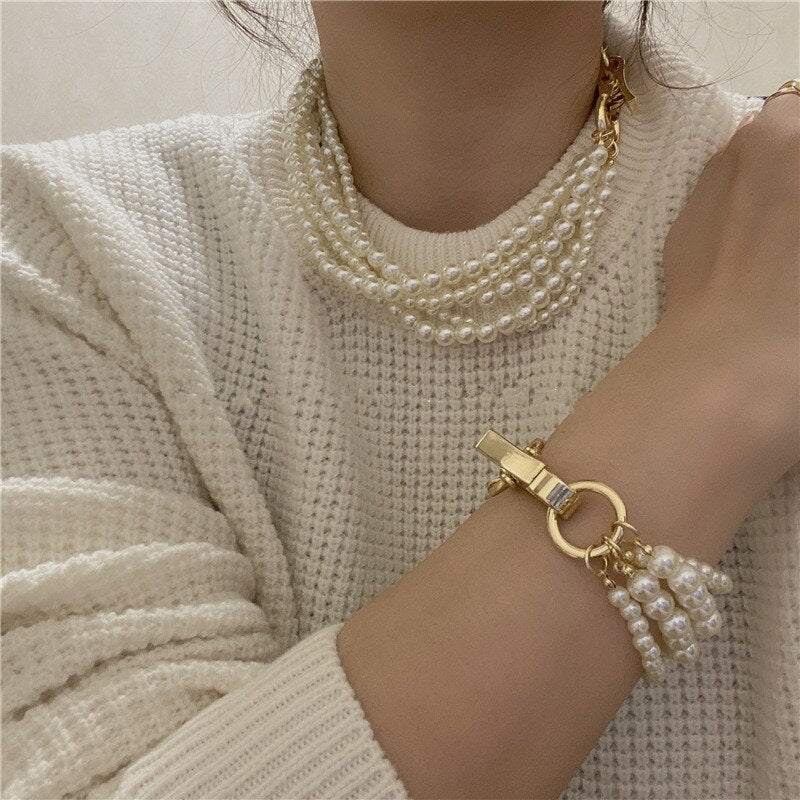 AOMU 2021 Design Vintage Geometric Multilayer Imitation Pearl Necklace For Women Girls Party Jewelry Accessories