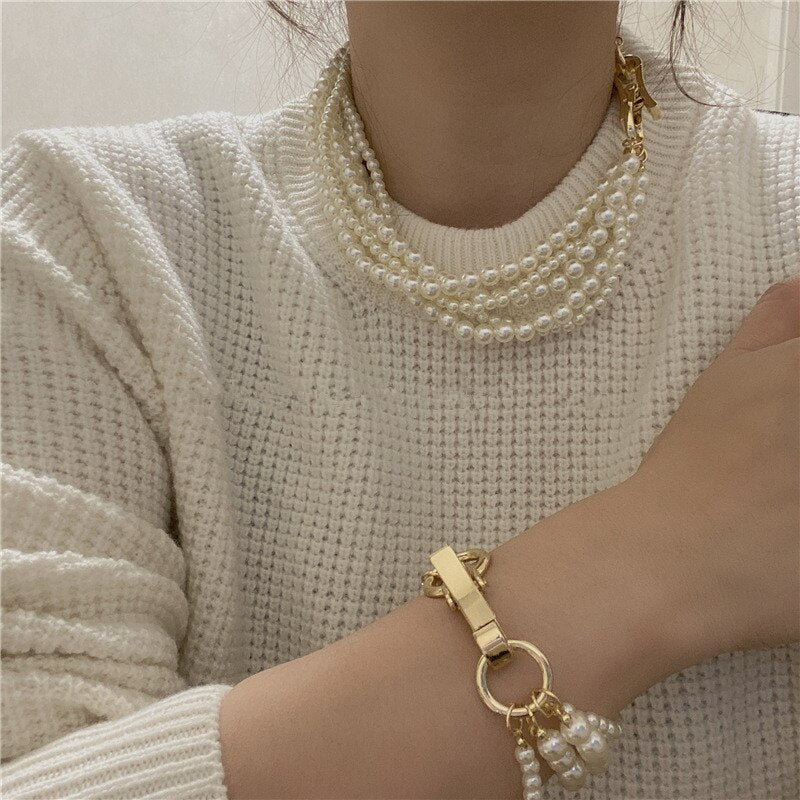 AOMU 2021 Design Vintage Geometric Multilayer Imitation Pearl Necklace For Women Girls Party Jewelry Accessories