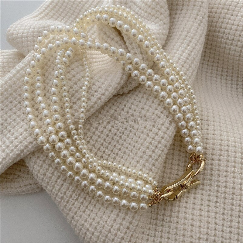 AOMU 2021 Design Vintage Geometric Multilayer Imitation Pearl Necklace For Women Girls Party Jewelry Accessories