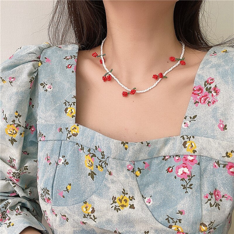 AOMU 2021 Summer Temperament Small Beads Handmade Flower Red Cherry Pottery Necklace for Women Girls Party Jewelry Gifts