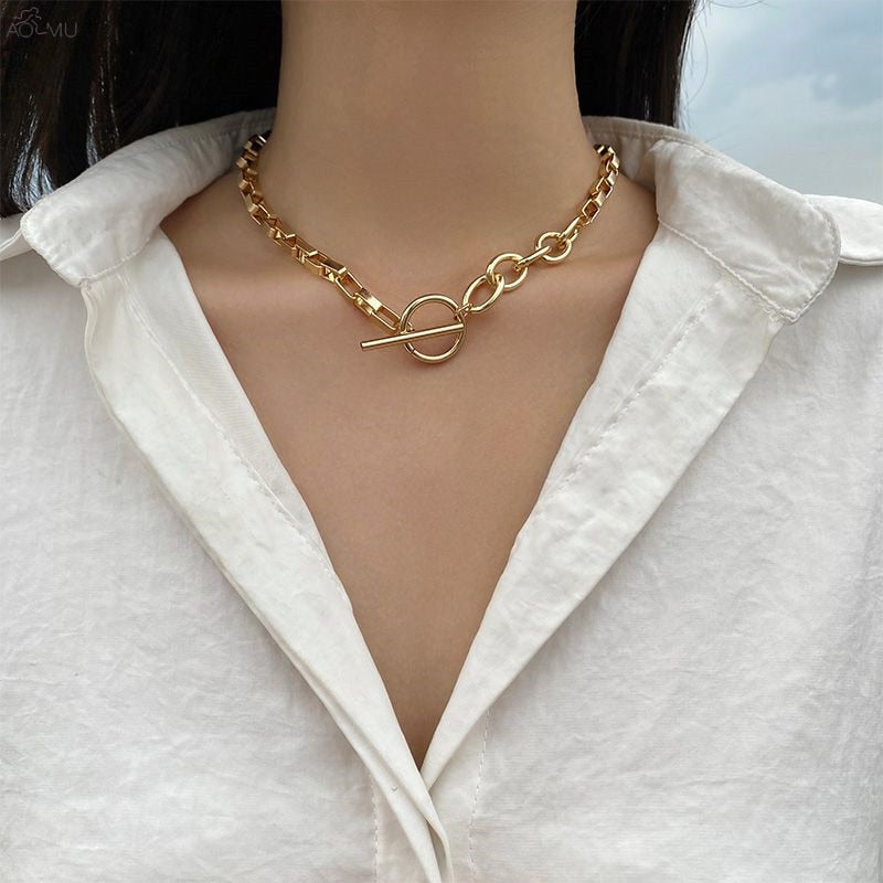 AOMU Exaggerated Gold Color Thick Chain Metal Necklace Hip Hop Sweater Chain for Women Trendy Jewelry Accessories Gifts Party