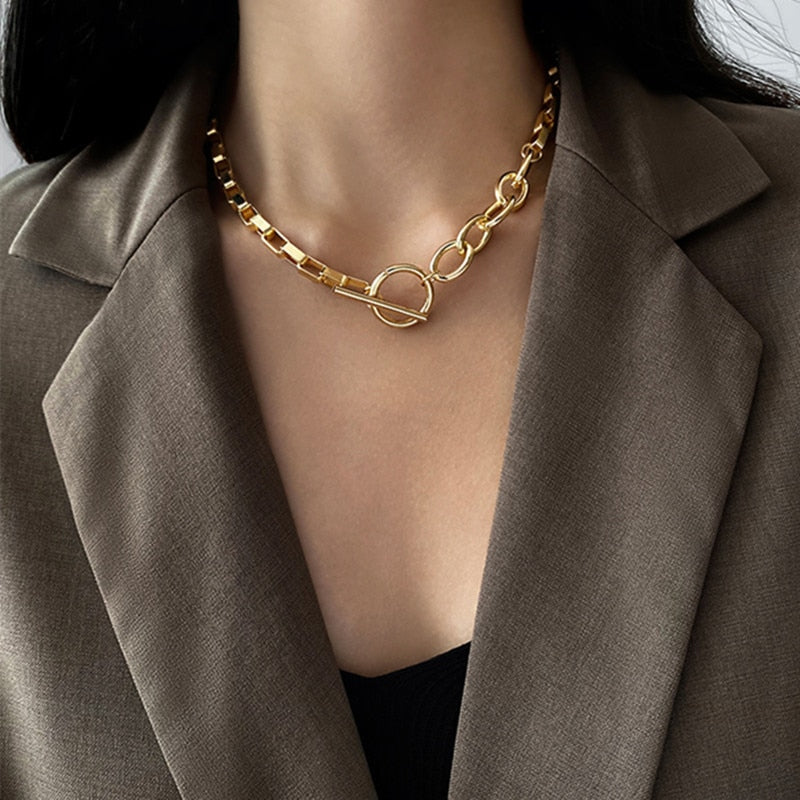 AOMU Exaggerated Gold Color Thick Chain Metal Necklace Hip Hop Sweater Chain for Women Trendy Jewelry Accessories Gifts Party