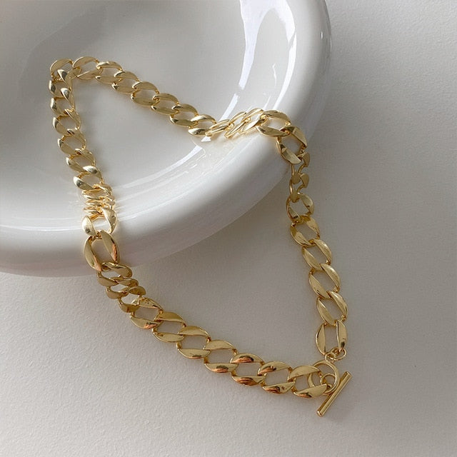 AOMU Exaggerated Gold Color Thick Chain Metal Necklace Hip Hop Sweater Chain for Women Trendy Jewelry Accessories Gifts Party