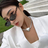 AOMU  Hyperbole Rhinestone Big Love Pendant Metal Silver Color Clavicle Chain Adjustable Choker Necklace for Women