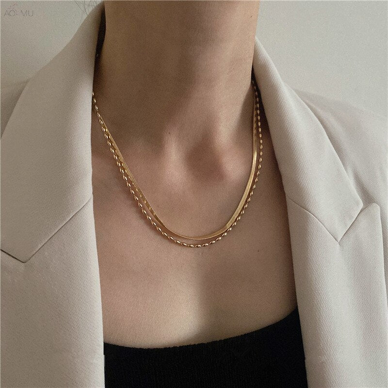 AOMU French Elegant Small Beads Gold Silver Color Metal Necklace Chains for Women Jewelry Making Accessories