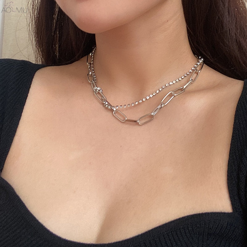 AOMU French Retro Silver Color Double Layer Metal Chain  Clavicle Chain Zircon Necklace for Female Sweater Chain Jewelry