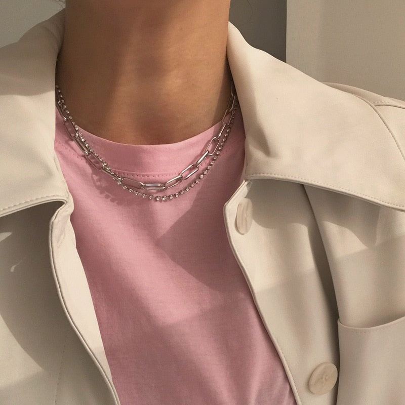 AOMU French Retro Silver Color Double Layer Metal Chain  Clavicle Chain Zircon Necklace for Female Sweater Chain Jewelry