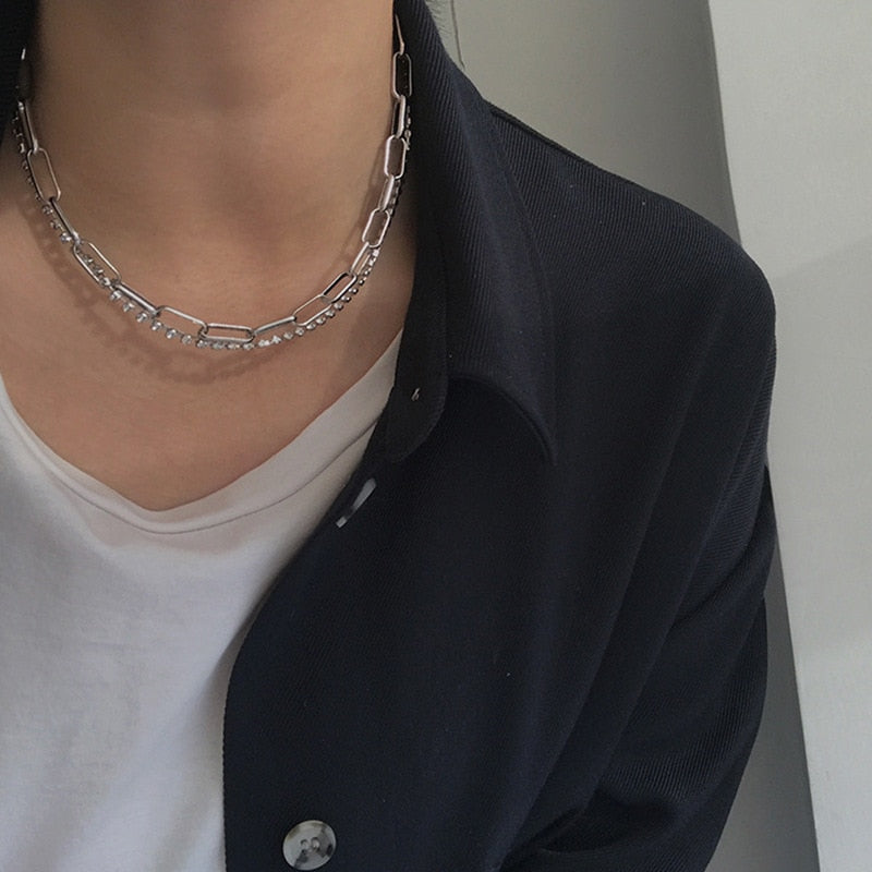 AOMU French Retro Silver Color Double Layer Metal Chain  Clavicle Chain Zircon Necklace for Female Sweater Chain Jewelry