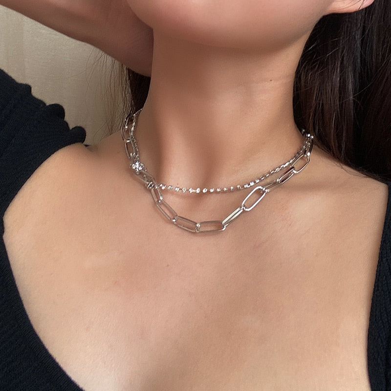 AOMU French Retro Silver Color Double Layer Metal Chain  Clavicle Chain Zircon Necklace for Female Sweater Chain Jewelry