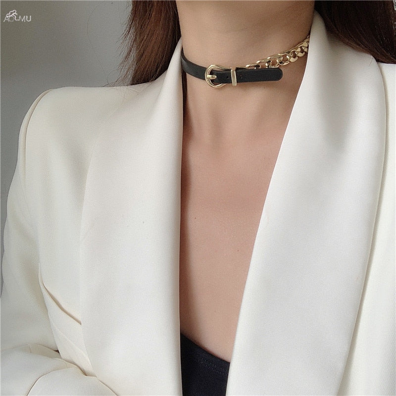 AOMU Korea Black Brown Leather Belt Metal Chain Patchwork Choker Necklace for Women Party Jewelry Accessories