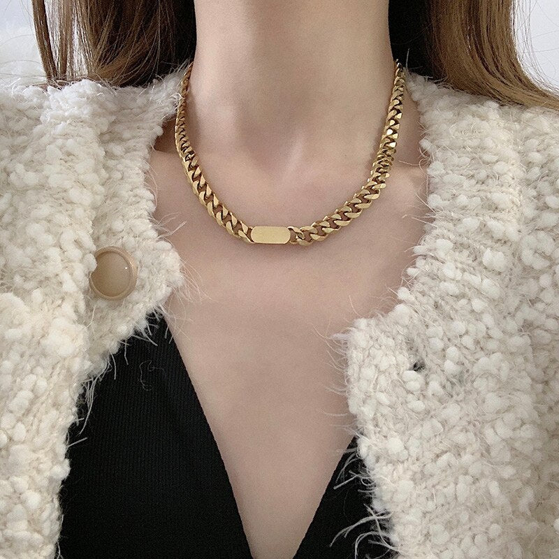 AOMU Hip Hop Trendy Personality Metal Gold Silver Color Thick Chain Geometric Clavicle Chain Necklace for Women Punk Jewelry