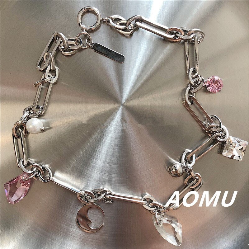 AOMU Punk Rock Pink Crystal Moon Pendant Pearl Metal Silver Color Chain Choker Necklace Clavicle Chain for Women Jewelry