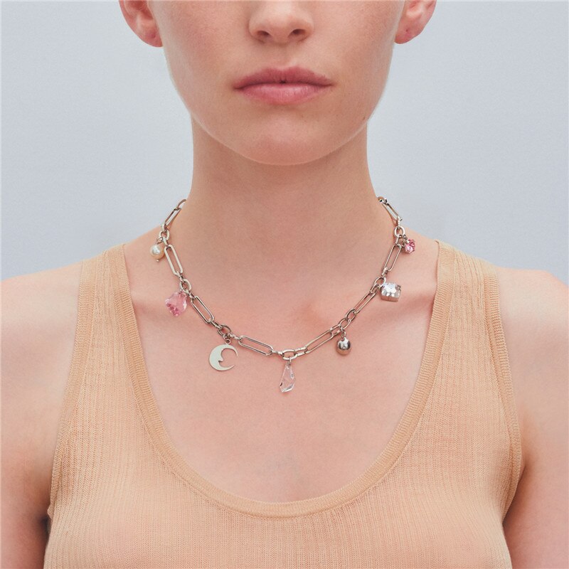 AOMU Punk Rock Pink Crystal Moon Pendant Pearl Metal Silver Color Chain Choker Necklace Clavicle Chain for Women Jewelry