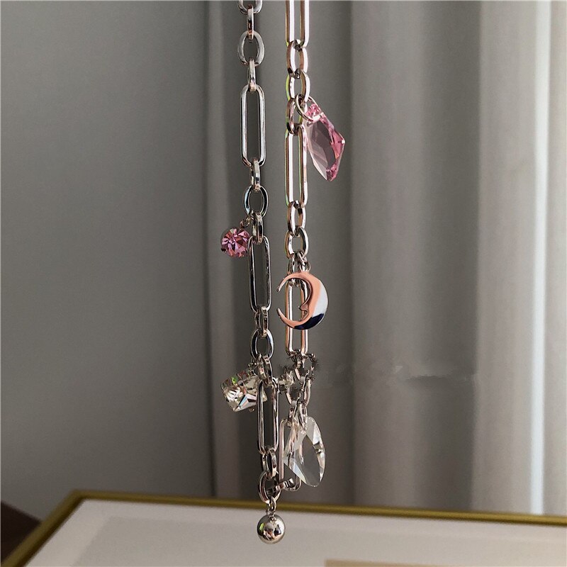 AOMU Punk Rock Pink Crystal Moon Pendant Pearl Metal Silver Color Chain Choker Necklace Clavicle Chain for Women Jewelry