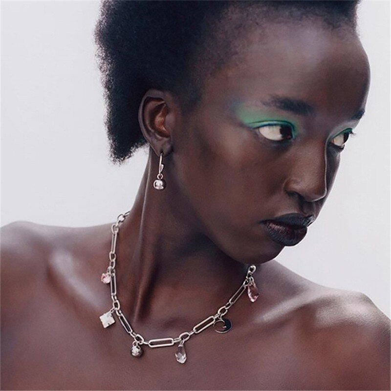 AOMU Punk Rock Pink Crystal Moon Pendant Pearl Metal Silver Color Chain Choker Necklace Clavicle Chain for Women Jewelry