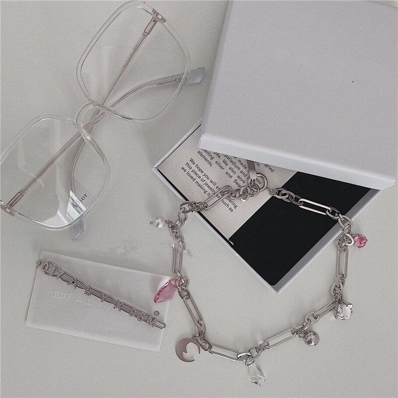 AOMU Punk Rock Pink Crystal Moon Pendant Pearl Metal Silver Color Chain Choker Necklace Clavicle Chain for Women Jewelry