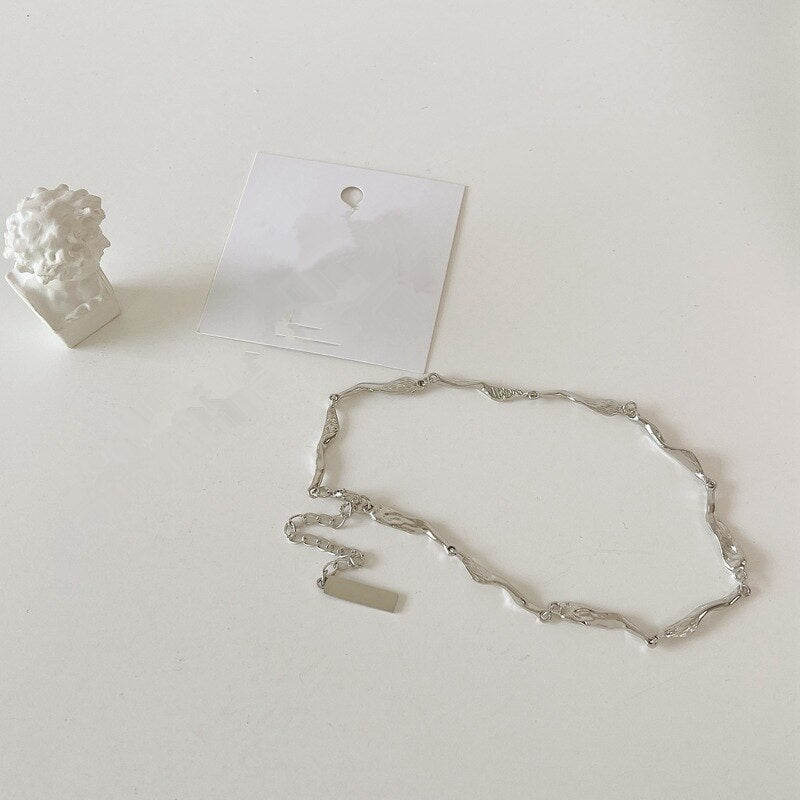 AOMU Summer Sweet Silver Color Metal Wave Clavicle Chain Irregular Geometric Hollow Cross Necklace for Women Party Accessories