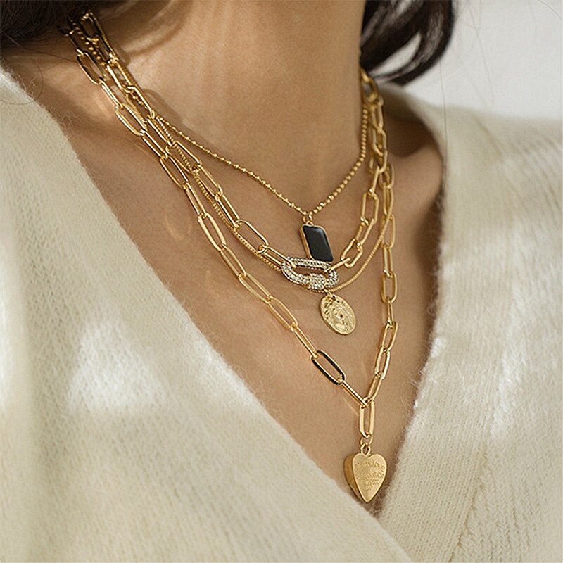 AOMUTrendy Hip Hop Stacked Heart Necklace Retro Personality Gold Metal Hollow Chain Multilayer Clavicle Chain for Female Party