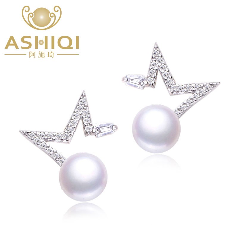 925 Sterling Silver Frewshwater Pearl Star Earrings White 7-8mm Natural Pearl Jewelry for women AAA Zircon