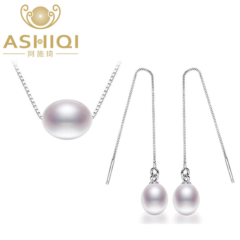 925 Sterling Silver Jewelry Set Pearl Necklaces Earrings 7-8mm Rice Natural Pearls for women