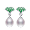 Authentic 925 sterling silver Natural Pearl Drop Earrings Enamel Lotus leaf for Women Gift Drop shipping