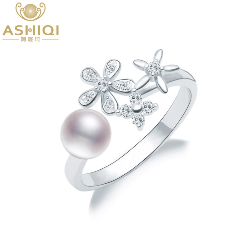 Genuine 925 Sterling Silver Ring Natural pearl jewelry Flower Open Finger clear CZ for women