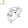 Genuine 925 Sterling Silver Ring Natural pearl jewelry Flower Open Finger clear CZ for women
