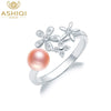 Genuine 925 Sterling Silver Ring Natural pearl jewelry Flower Open Finger clear CZ for women