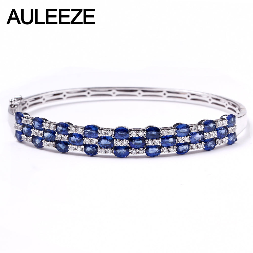 3.9cttw Natural Sapphire Bangles Real Diamond Solid 18K 750 White Gold Bangle Wedding Anniversary Gemstone Fine Jewelry