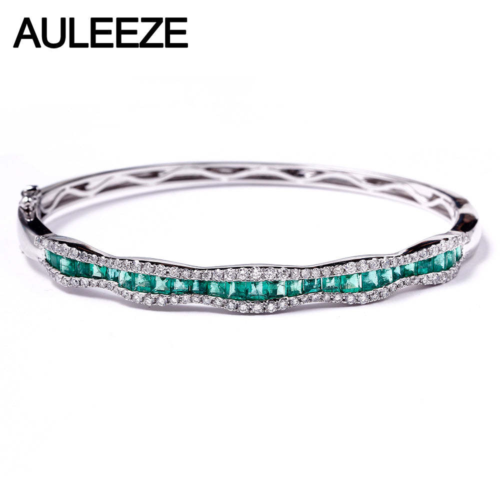 Genuine 2.3cttw Natural Emerald Bangle Real Diamond 18K White Gold Bangles For Women Classic Gemstone Fine Jewelry