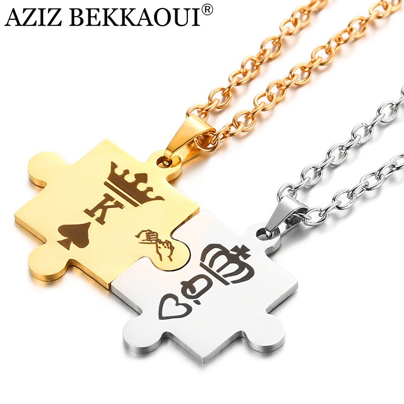 AZIZ BEKKAOUI Letters K & Q Couple Necklaces with Crown Stainless Steel Tag Pendant Necklace King & Queen