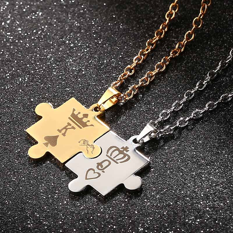 AZIZ BEKKAOUI Letters K & Q Couple Necklaces with Crown Stainless Steel Tag Pendant Necklace King & Queen
