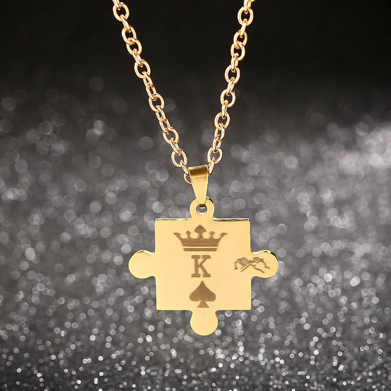 AZIZ BEKKAOUI Letters K & Q Couple Necklaces with Crown Stainless Steel Tag Pendant Necklace King & Queen