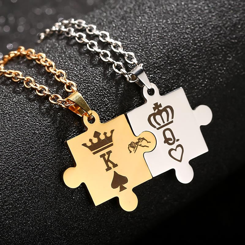 AZIZ BEKKAOUI Letters K & Q Couple Necklaces with Crown Stainless Steel Tag Pendant Necklace King & Queen