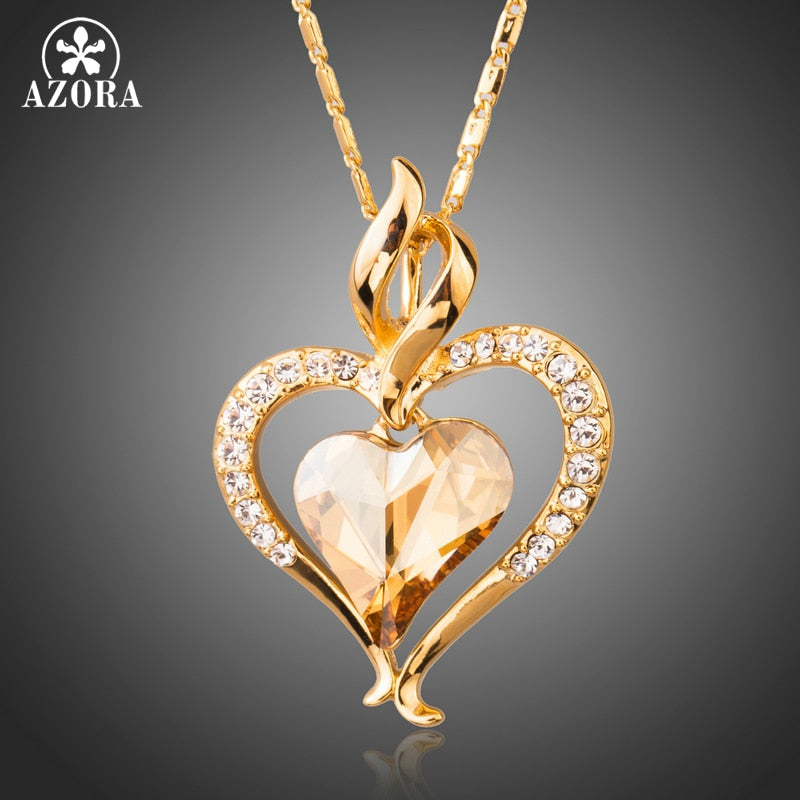 Long Link Chain Heart Austrian Crystal Gold Color Heart Pendant Necklace for Valentine's D Gift of Love TN0204