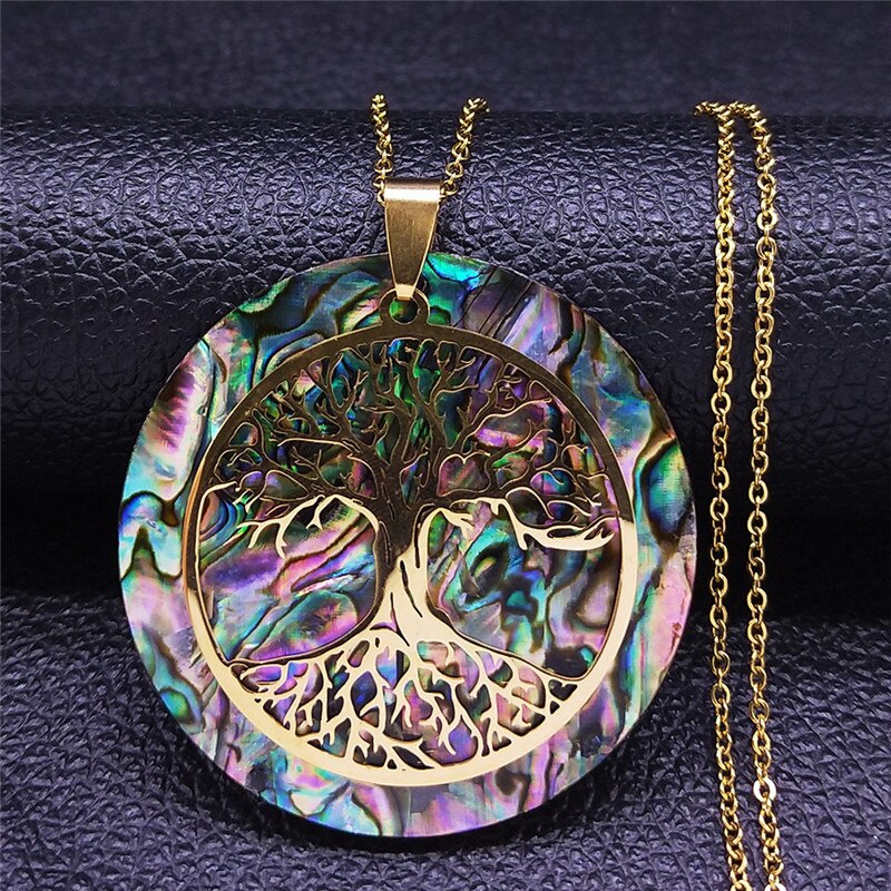 Abalone Stainless Steel Chain Necklace Gold Color Big Round Tree of Life Chokers Necklaces Jewelry collier chaine NXS04