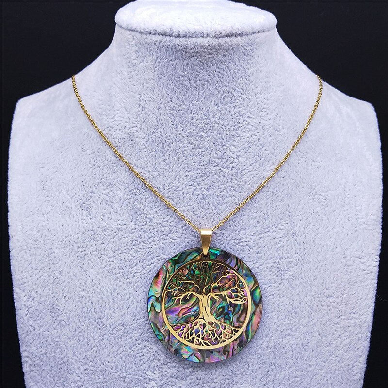 Abalone Stainless Steel Chain Necklace Gold Color Big Round Tree of Life Chokers Necklaces Jewelry collier chaine NXS04