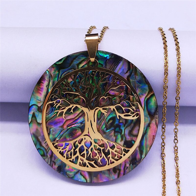 Abalone Stainless Steel Chain Necklace Gold Color Big Round Tree of Life Chokers Necklaces Jewelry collier chaine NXS04